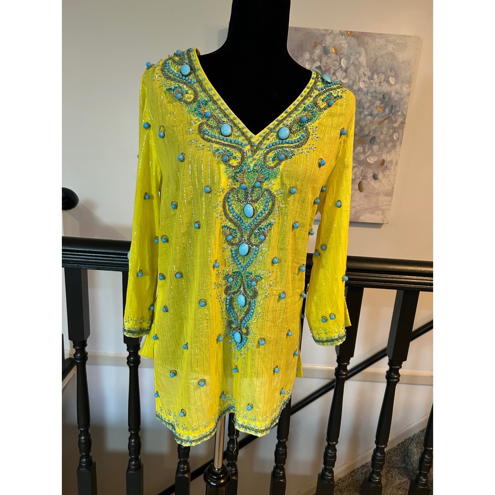Boston Proper Yellow Cotton Beaded Turquoise Tunic Top Silver Metallic Stripe M